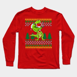 T Rex Eating Santa Claus Christmas Ugly Sweater Pattern Long Sleeve T-Shirt